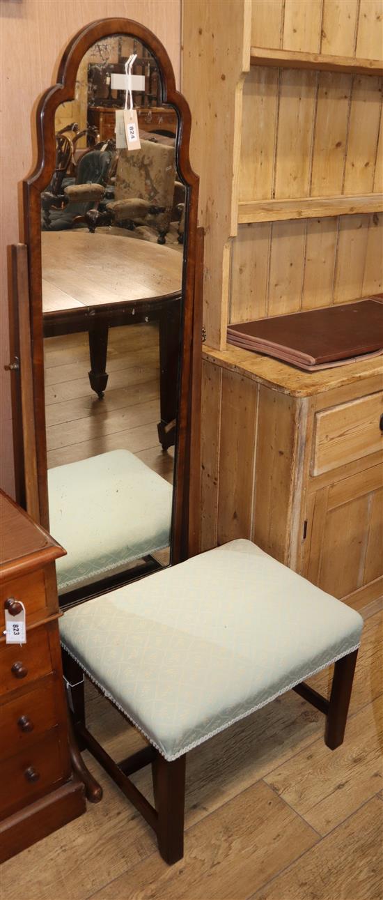 A walnut cheval mirror and a Georgian mahogany stool